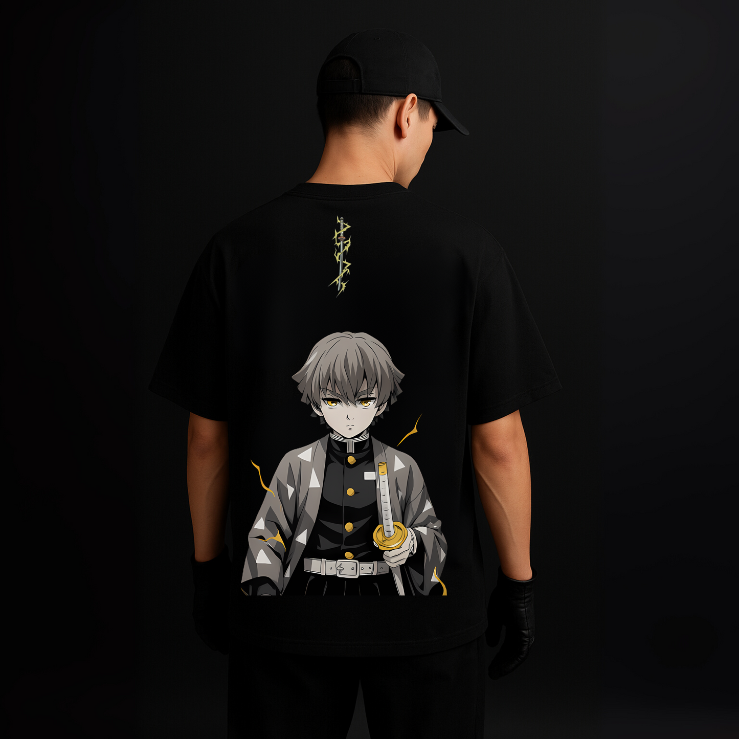 Zenitsu Thunderstrike Oversized Black T-Shirt – Anime Edition