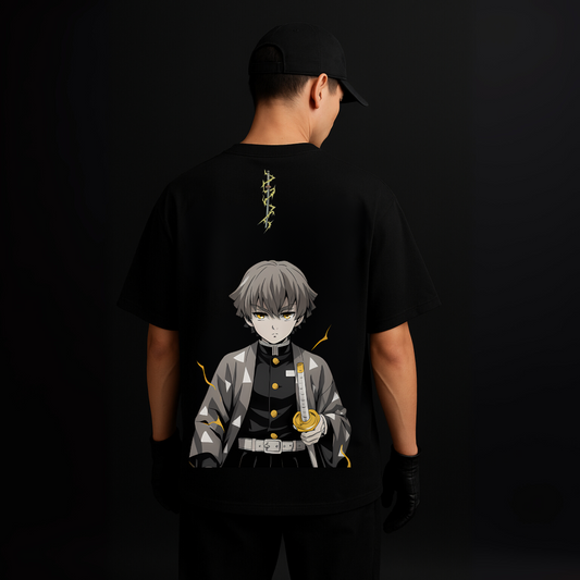 Zenitsu Thunderstrike Oversized Black T-Shirt – Anime Edition